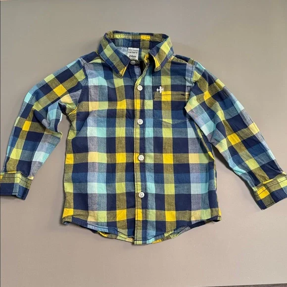 💜3/$15 Plaid Button Up Shirt and Bear Print Onesie Set - Picture 2 of 8